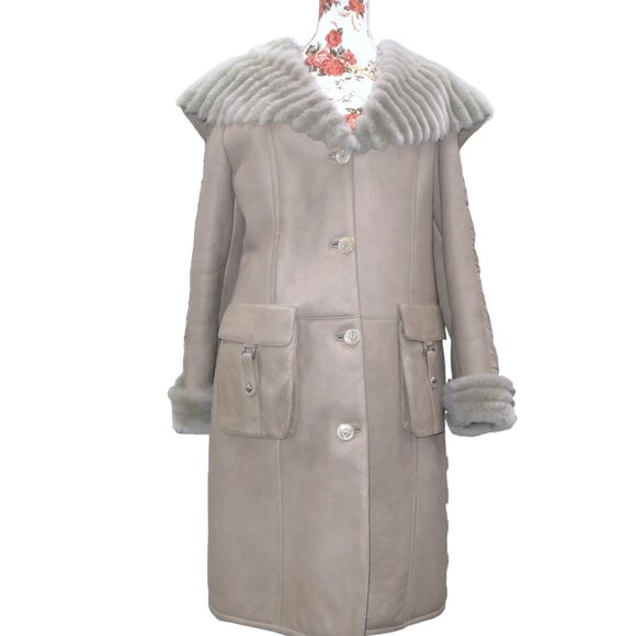 Reisler Sheepskin Shearling Hooded Coat Sz M Knee Length Mob Wife Chic Winter